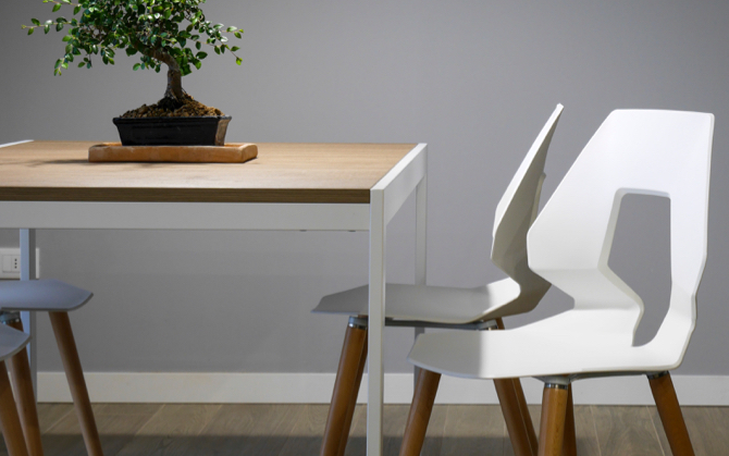 A dining room table with two white chair and a bonzai tree on it